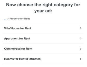 Property for rent section categories